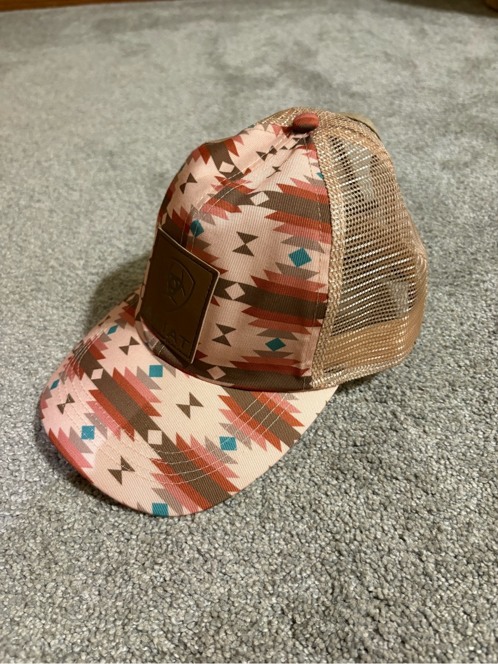 Ariat Womens Southwestern Aztec Trucker Hat Leather Patch High Ponytail Mesh Cap